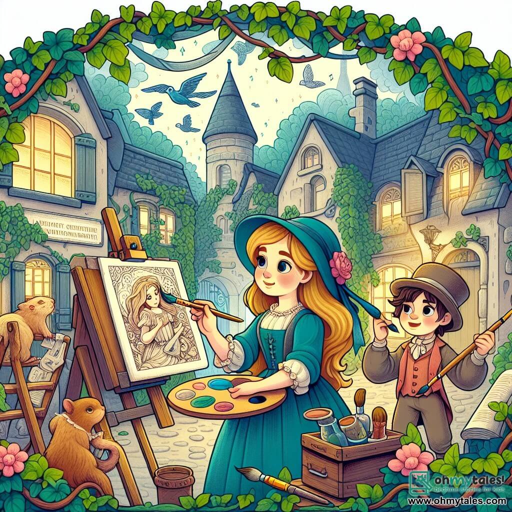 Une illustration destinée aux enfants représentant une artiste talentueuse, une jeune fille passionnée par la peinture, accompagnée de son frère, un garçon curieux, explorant le jardin enchanté de son mystérieux studio couvert de lierre, situé au cœur de la ville animée de Colorvale.