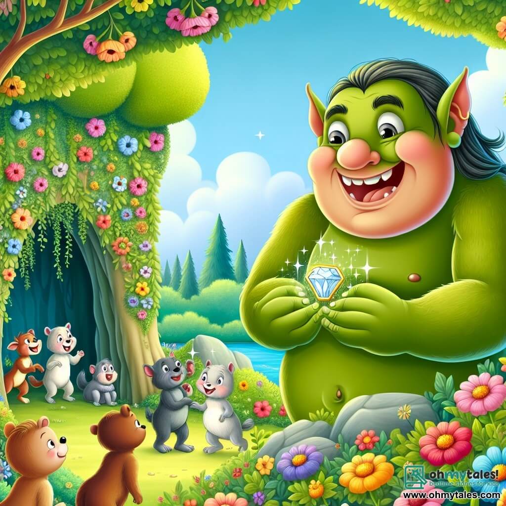 Une illustration destinée aux enfants représentant un ogre bienveillant et souriant, se tenant au milieu d'un jardin luxuriant rempli de fleurs colorées et d'arbres parlants, tandis qu'un groupe d'animaux curieux l'entoure, découvrant un bracelet enchanté étincelant dans une grotte secrète de la forêt magique.
