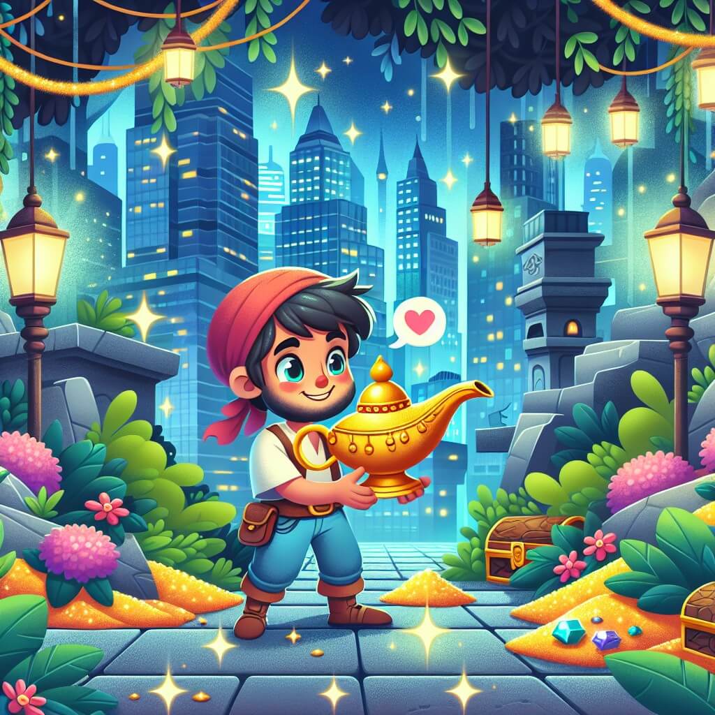 Une illustration destinée aux enfants représentant un jeune vagabond au cœur vibrant, découvrant une lampe magique dans un dédale souterrain de trésors étincelants, dans une ville animée où les gratte-ciels rivalisent avec les arbres en fleurs.
