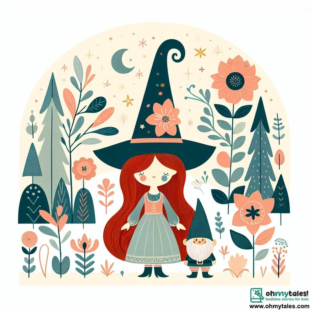 Une illustration destinée aux enfants représentant une sorcière aux longs cheveux rouges, se tenant devant une forêt enchantée, accompagnée d'un petit lutin malicieux, dans un monde où les fleurs dansent et les étoiles brillent.