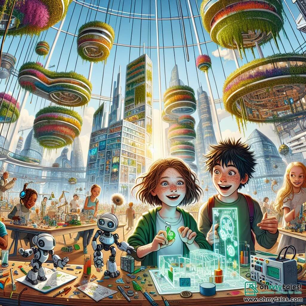 An illustration depicting a lively workshop in the heart of a futuristic city, where glass buildings with organic shapes rise towards the sky, surrounded by vibrant hanging gardens. In the foreground, a 10-year-old girl with messy brown hair and freckles smiles enthusiastically while showcasing an eco-friendly robot prototype she created. Next to her, an 11-year-old boy with tousled black hair and a broad smile holds a model of a solar backpack, his eyes shining with excitement. In the background, other children, a boy with blonde hair and a girl with curly hair, collaborate around tables filled with recycled materials, discussing and sharing ideas. The atmosphere is vibrant and joyful, with floating holograms illustrating renewable energy concepts and green plants climbing the walls of the buildings, symbolizing the harmony between technology and nature.