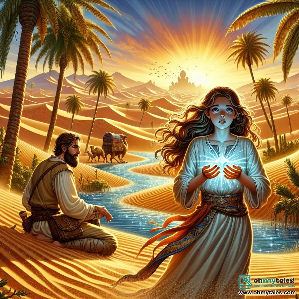 Illustration destinée aux enfants représentant un oasis enchanteur au cœur des Whispering Dunes, où des palmiers majestueux se dressent autour d'une eau cristalline qui scintille sous le soleil couchant, tandis que des dunes dorées s'étendent à perte de vue, créant un paysage féerique. Au premier plan, une jeune femme intrépide aux cheveux longs et ondulés, vêtue d'une tunique légère et de pantalons en toile, tient un magnifique gemme brillant dans ses mains, son visage illuminé par l'émerveillement et la détermination. À ses côtés, un homme au teint bronzé et à la barbe fournie, vêtu d'une tunique traditionnelle, observe attentivement l'horizon, prêt à défendre leur découverte. La scène capture le moment où ils se tiennent face à des chasseurs de trésors menaçants, le vent soulevant le sable autour d'eux, tandis que l'atmosphère est chargée de tension et de magie, symbolisant leur lutte pour protéger le cœur de l'oasis.