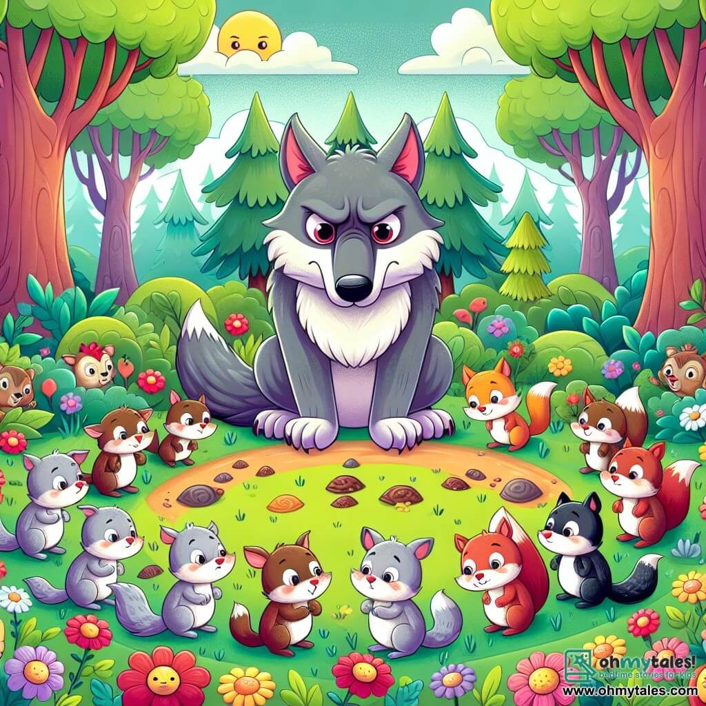 Une illustration destinée aux enfants représentant un loup farceur, entouré d'animaux tristes, dans une forêt enchantée remplie d'arbres majestueux et de fleurs colorées, où ils cherchent ensemble de la nourriture cachée par des écureuils espiègles.