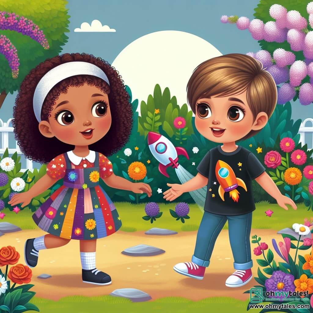 Une illustration destinée aux enfants représentant une petite fille aux cheveux bouclés, vêtue d'une robe colorée, jouant avec une autre fille aux cheveux courts et vêtue d'un t-shirt avec une fusée, dans un parc ensoleillé rempli de fleurs et d'arbres verdoyants à Blossomville.