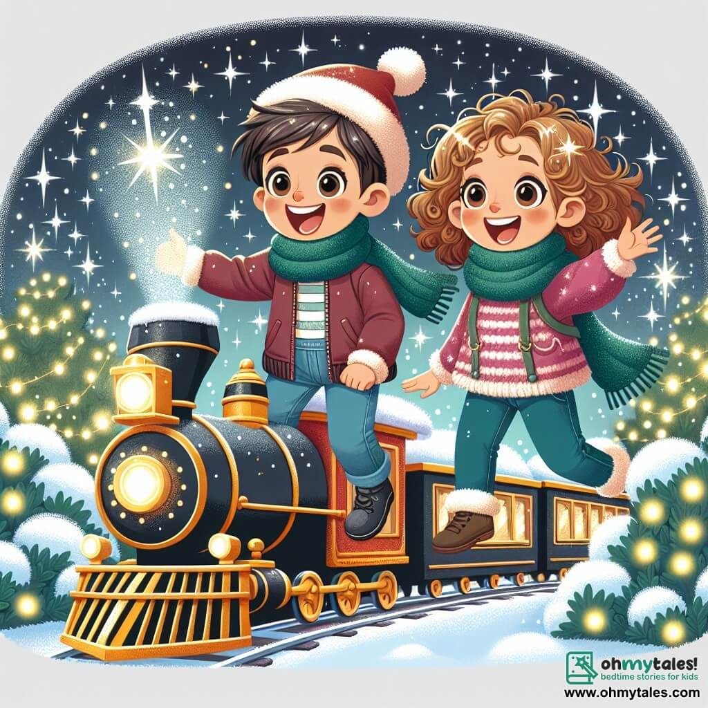 Une illustration destinée aux enfants représentant un garçon plein d'excitation à l'approche de Noël, accompagné de sa meilleure amie, une fille aux cheveux bouclés, embarquant à bord d'un train magique scintillant dans un jardin enneigé illuminé par des lumières étincelantes.
