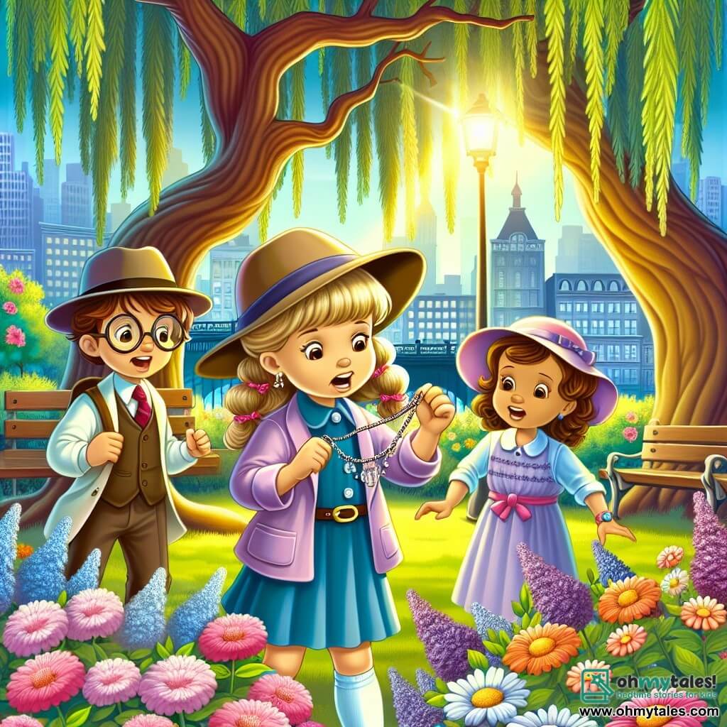 Une illustration destinée aux enfants représentant une petite fille détective résolvant le mystère d'un collier disparu avec l'aide de deux filles plus âgées, dans un parc ensoleillé de la ville de Willow Creek, rempli de fleurs colorées et d'un majestueux chêne centenaire.