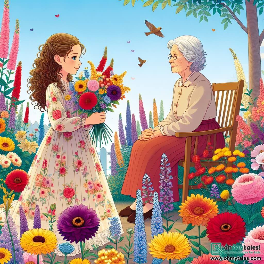 Une illustration sous forme de dessin destinée aux enfants représentant un jardin coloré et vibrant, rempli de fleurs sauvages dans des teintes de jaune, violet et rouge, où une fille de 11 ans aux cheveux bruns et bouclés, vêtue d'une robe légère et fleurie, s'agenouille avec un sourire doux, tenant un bouquet de fleurs dans ses mains, tandis qu'à ses côtés, une femme âgée au visage bienveillant et aux cheveux argentés, assise sur une chaise en bois, observe avec tendresse, le tout évoquant un moment de célébration et de souvenir en l'honneur d'un ami perdu, avec un ciel bleu clair et des oiseaux chantant en arrière-plan, symbolisant l'espoir et la mémoire.