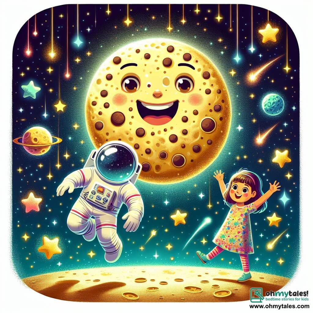 An illustration depicting a whimsical space landscape, featuring a sparkling starry background and a large golden moon resembling a cookie floating in the sky. In the foreground, a smiling astronaut in a shiny white spacesuit and transparent helmet joyfully floats in space, arms open as if welcoming the universe. Beside him, a small girl about 7 years old, with brown hair and sparkling eyes, wears a colorful dress and gazes at the astronaut in wonder, her hands raised in excitement. The scene conveys an atmosphere of joy and adventure, with shooting stars and colorful planets in the background, symbolizing dreams and exploration.