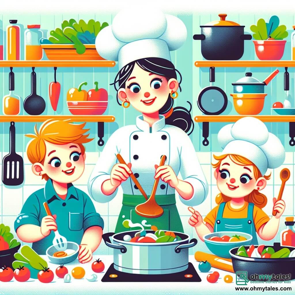 Une illustration destinée aux enfants représentant une talentueuse chef cuisinière (femme) préparant un festin avec l'aide de deux enfants curieux (un garçon et une fille) dans une cuisine animée remplie de casseroles, poêles, et ingrédients colorés.