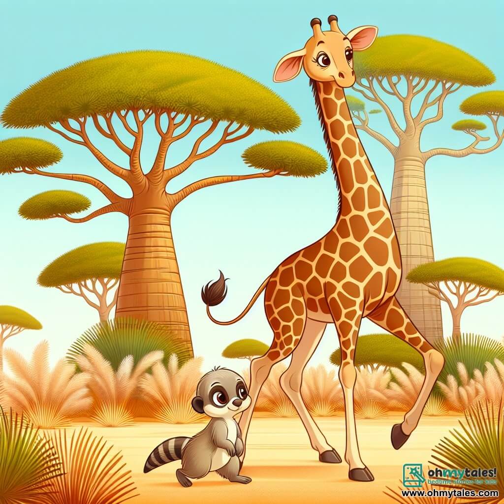 Une illustration destinée aux enfants représentant une élégante girafe (fille) vivant des aventures avec un petit et curieux suricate (garçon) dans la savane africaine, parmi les hautes herbes ondulantes et les majestueux baobabs.