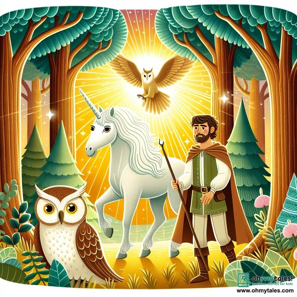 Une illustration destinée aux enfants représentant un homme au cœur pur, plongé dans une quête pour sauver un licorne enchantée, accompagné d'une sage chouette, dans une forêt magique aux arbres centenaires baignés de lumière dorée.
