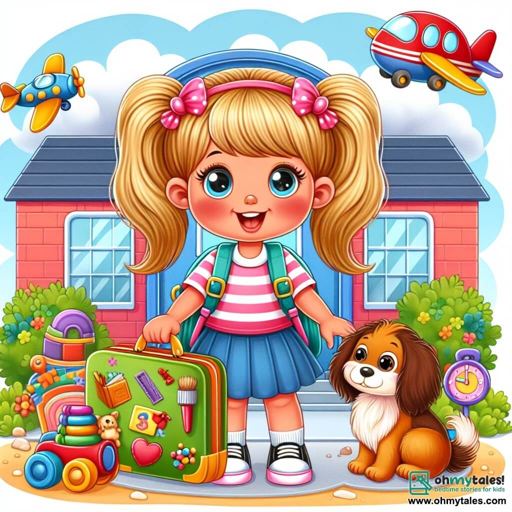 Une illustration destinée aux enfants représentant une petite fille pleine d'enthousiasme, avec une grande valise à la main, entourée de jouets, se tenant devant une école colorée et accueillante, prête à vivre sa première journée de classe, avec un adorable chien qui la regarde avec des yeux curieux à ses côtés.