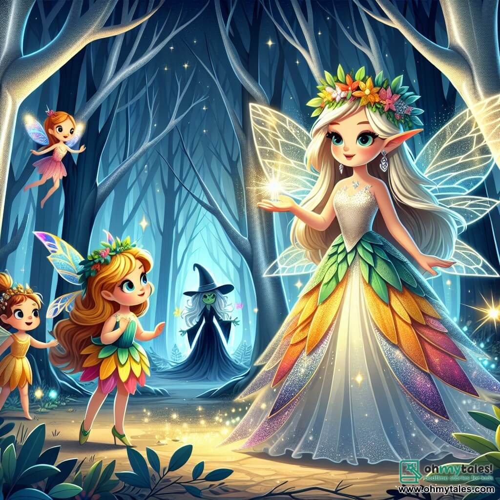 Une illustration sous forme de dessin destinée aux enfants représentant une forêt enchantée aux arbres majestueux aux troncs argentés, où une jeune fée aux ailes scintillantes et aux cheveux dorés, vêtue d'une robe de pétales colorés, se tient courageusement au centre, tenant un cristal lumineux dans ses mains, tandis qu'un petit sprite aux ailes vibrantes et aux yeux pétillants, flottant à ses côtés, exprime son admiration, alors qu'ils se préparent à affronter la sorcière maléfique qui se cache dans l'ombre, créant une atmosphère de magie et de détermination.