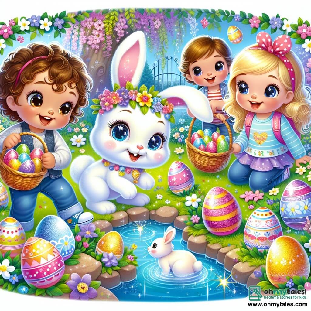 Une illustration sous forme de dessin destinée aux enfants représentant un Enchanted Garden coloré, rempli de fleurs éclatantes et d'un petit étang scintillant, où un groupe de trois enfants de 3 ans, deux filles aux cheveux bouclés et un garçon aux cheveux blonds, sont joyeusement en train de chercher des œufs de Pâques cachés, avec un adorable lapin magique aux yeux pétillants et à la fourrure douce, les observant avec un sourire bienveillant, tandis que des œufs brillants et décorés s'éparpillent autour d'eux, créant une ambiance festive et joyeuse.