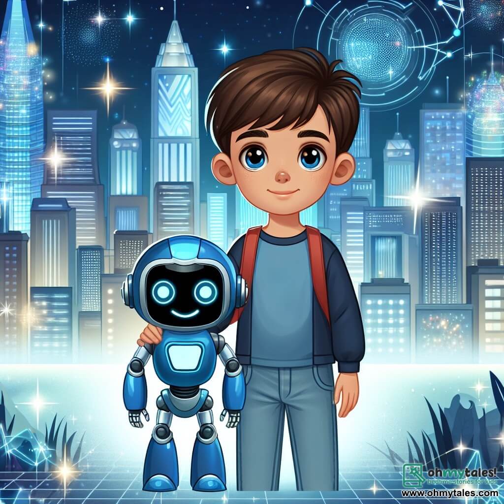 Une illustration destinée aux enfants représentant un garçon aux cheveux bruns vivant dans une ville futuriste remplie de robots, accompagné de son fidèle robot bleu, se déroulant dans la cité éblouissante de Lumina avec ses gratte-ciel en verre scintillant et ses hologrammes chatoyants.
