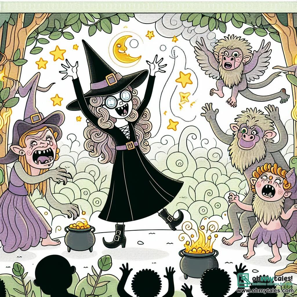 Une illustration destinée aux enfants représentant une sorcière espiègle et loufoque semant la pagaille avec ses sorts magiques, accompagnée de ses amis sorciers et sorcières, dans la forêt enchantée aux arbres dansants et aux chaudrons chantants.