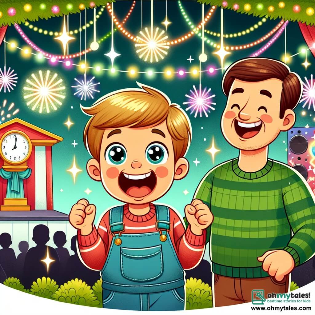 Une illustration destinée aux enfants représentant un garçon plein d'enthousiasme pour la fête du Nouvel An, avec un père rieur, un jardin festivement décoré avec des guirlandes scintillantes et une scène installée pour le compte à rebours.