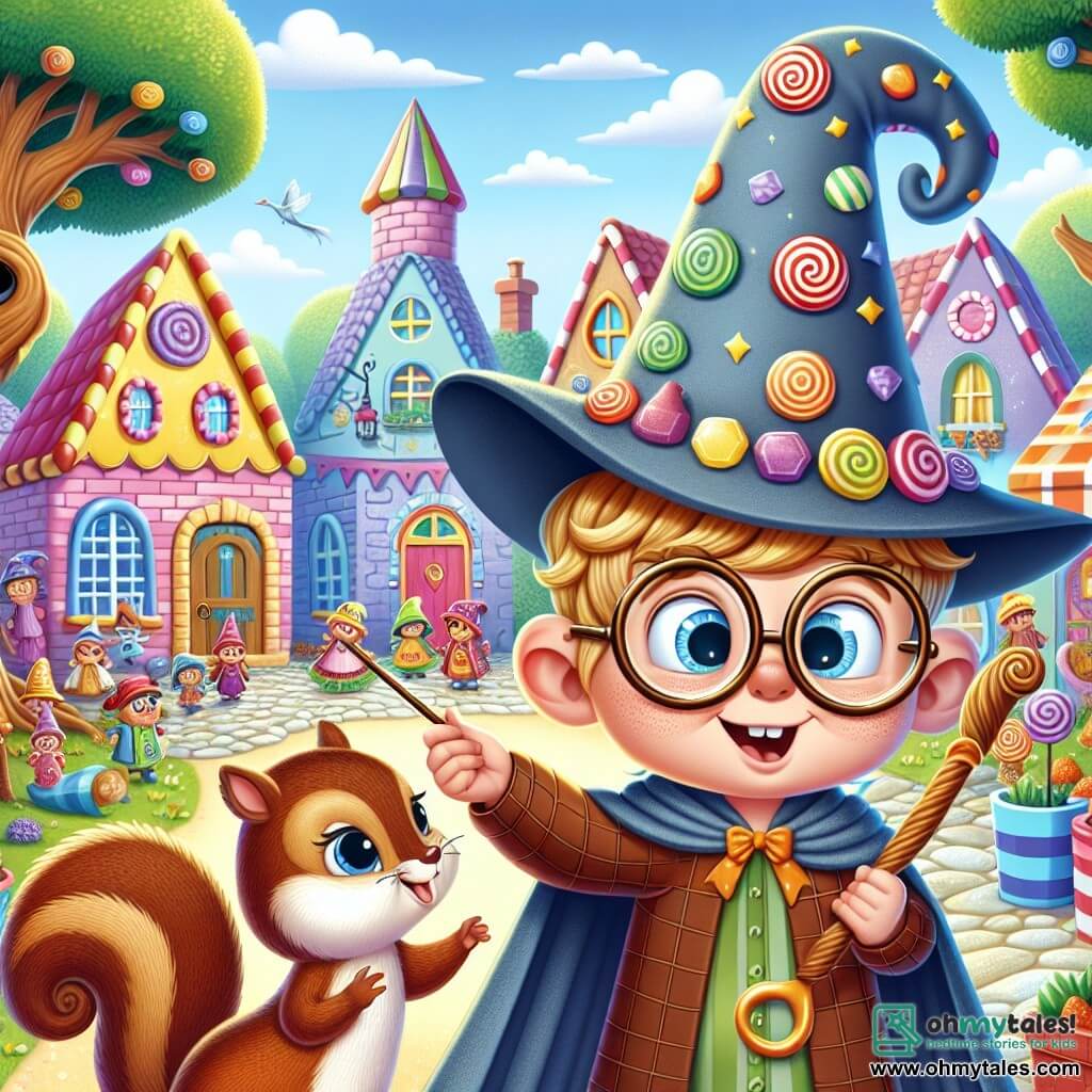 Une illustration sous forme de dessin destinée aux enfants représentant un charmant village coloré avec des maisons aux toits en bonbon et des arbres chantants, où un jeune sorcier aux grandes lunettes rondes et au chapeau pointu trop grand, tenant une baguette magique légèrement tordue, tente de conjurer une parade de marionnettes dans une cour animée, tandis qu'une petite écureuil femelle, avec une queue touffue et des yeux pétillants, l'encourage en sautillant sur son épaule, le tout dans une ambiance joyeuse et pleine de magie.