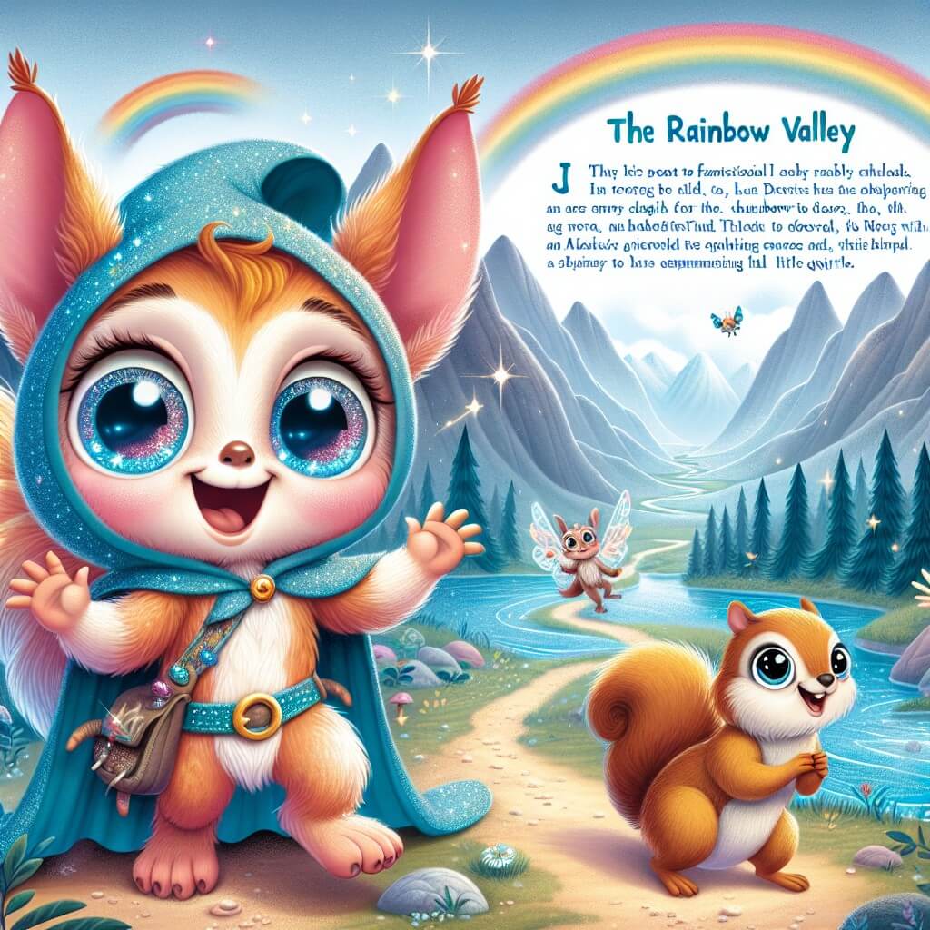 Une illustration destinée aux enfants représentant une adorable créature fantastique, avec des yeux pétillants et un large sourire, qui part à la recherche de la Vallée Arc-en-ciel, accompagnée d'un petit écureuil espiègle, à travers des forêts enchantées, des rivières scintillantes et des montagnes majestueuses.