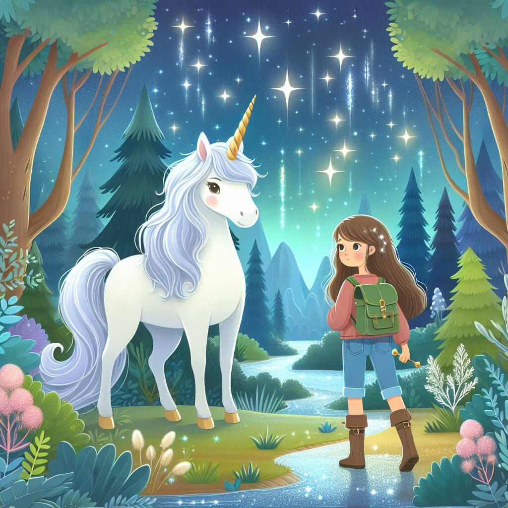 Une illustration destinée aux enfants représentant une licorne majestueuse se tenant au milieu d'une clairière enchantée, accompagnée d'une jeune exploratrice, dans la forêt aux arbres étincelants et aux ruisseaux scintillants.