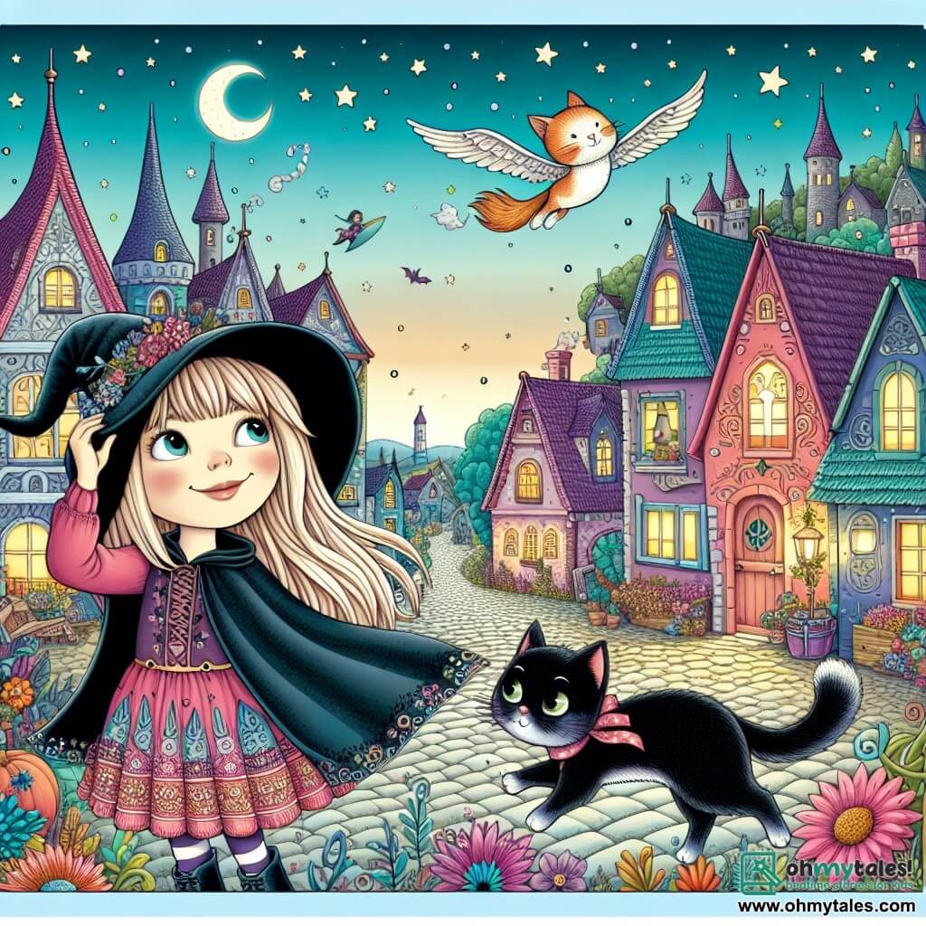 Une illustration destinée aux enfants représentant une apprentie sorcière espiègle, vivant des aventures magiques et loufoques aux côtés de son chat volant, dans le charmant village de Sorceryville, avec ses maisons colorées aux toits pointus, ses rues pavées bordées de fleurs enchantées et son ciel constellé d'étoiles brillantes.