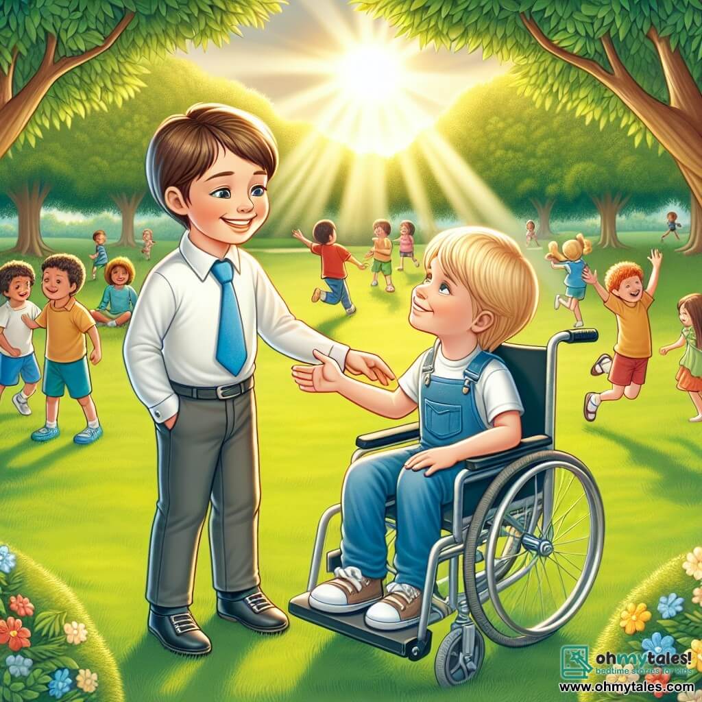 Une illustration destinée aux enfants représentant un petit garçon au sourire éclatant faisant la rencontre d'un garçon en fauteuil roulant dans un parc verdoyant entouré de joueurs d'enfants joyeux et d'une lumière dorée du soleil couchant.