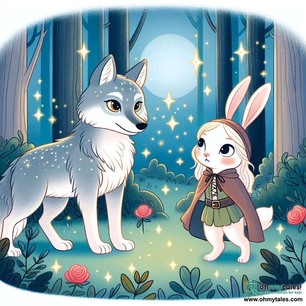 Une illustration destinée aux enfants représentant un loup solitaire aux yeux brillants, une lapine courageuse, et une clairière enchantée de la forêt où se noue une amitié magique.