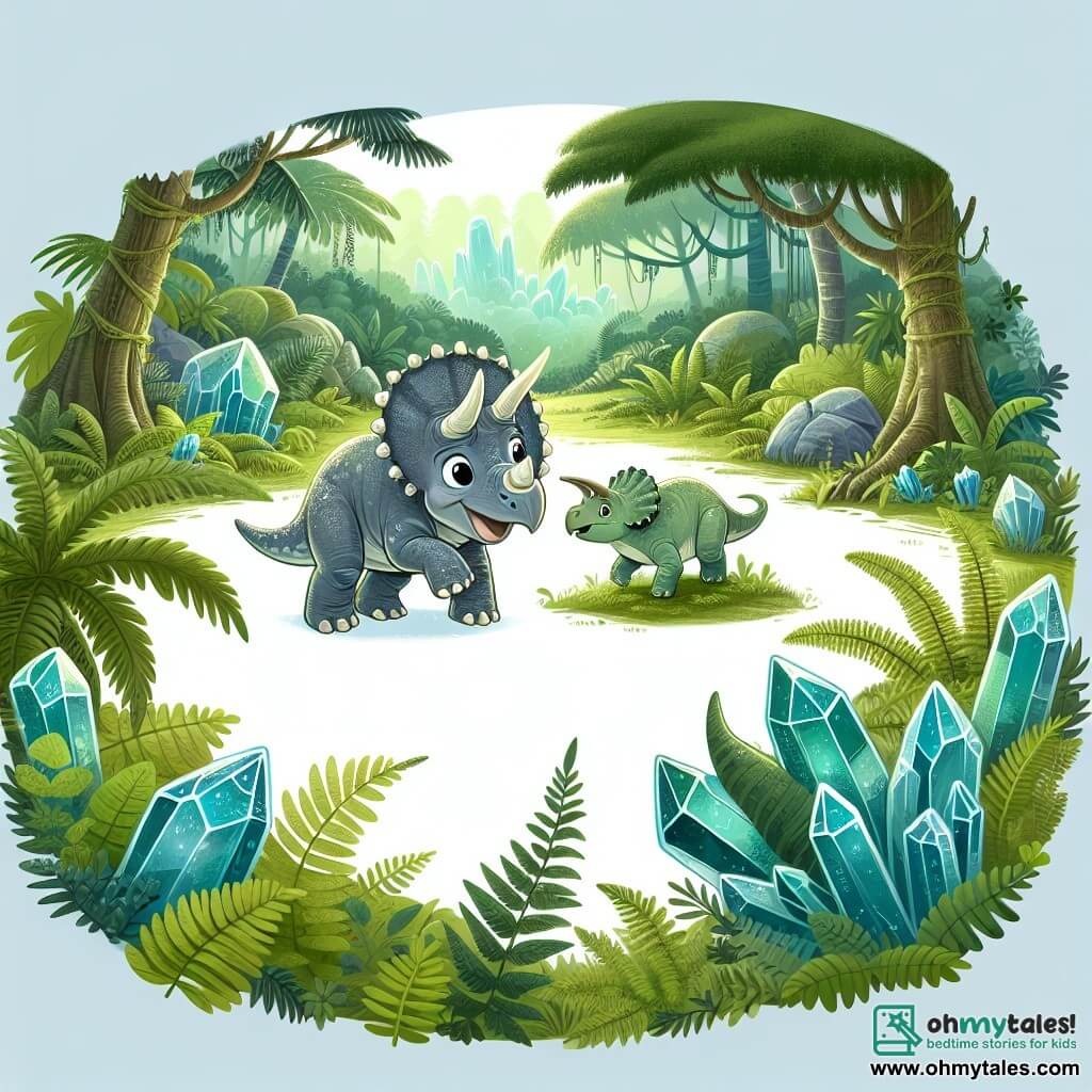 Une illustration destinée aux enfants représentant une jeune tricératops curieuse explorant la jungle préhistorique avec sa nouvelle amie, une joyeuse hadrosaure, parmi des fougères luxuriantes, des arbres anciens et une clairière scintillante abritant les mystérieux Cristaux des Rêves.