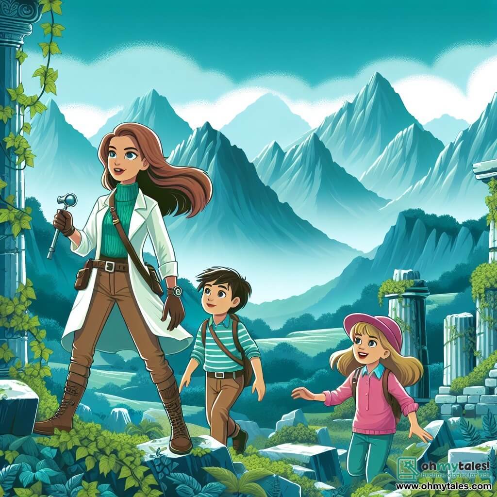 Une illustration destinée aux enfants représentant une jeune femme archéologue passionnée, accompagnée d'un garçon et d'une fille, explorant des ruines anciennes recouvertes de lianes luxuriantes, dans une vallée mystérieuse entourée de montagnes majestueuses.