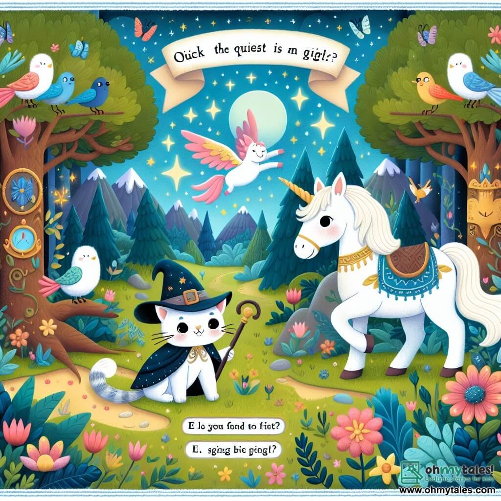 Une illustration destinée aux enfants représentant un chat aventurier, une licorne bienveillante, et une forêt enchantée aux arbres majestueux, aux fleurs colorées et aux oiseaux chantants, où se déroule une quête magique.