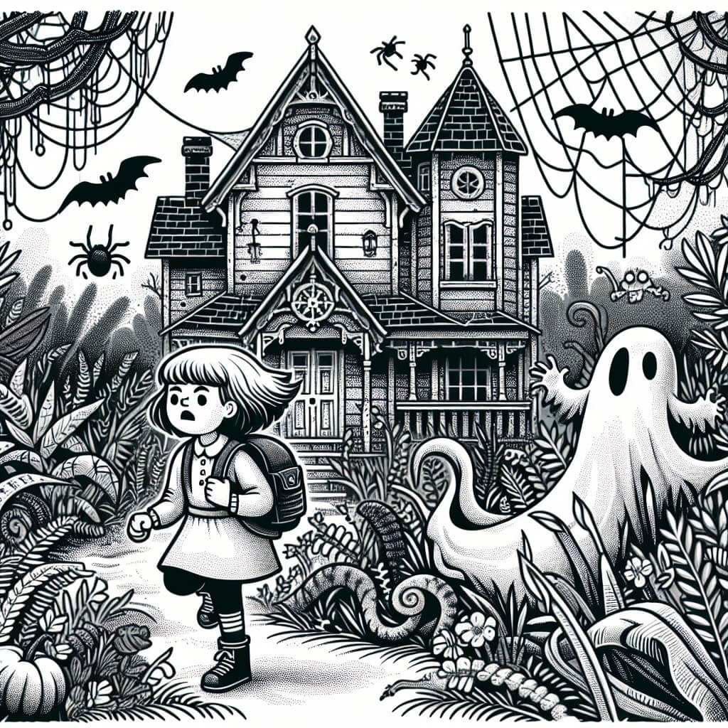 Une illustration destinée aux enfants représentant une intrépide petite fille, plongée dans une aventure effrayante, accompagnée d'un fantôme mélancolique, explorant une maison hantée délabrée, envahie par des toiles d'araignées et entourée d'un jardin sauvage et envahi par la végétation.