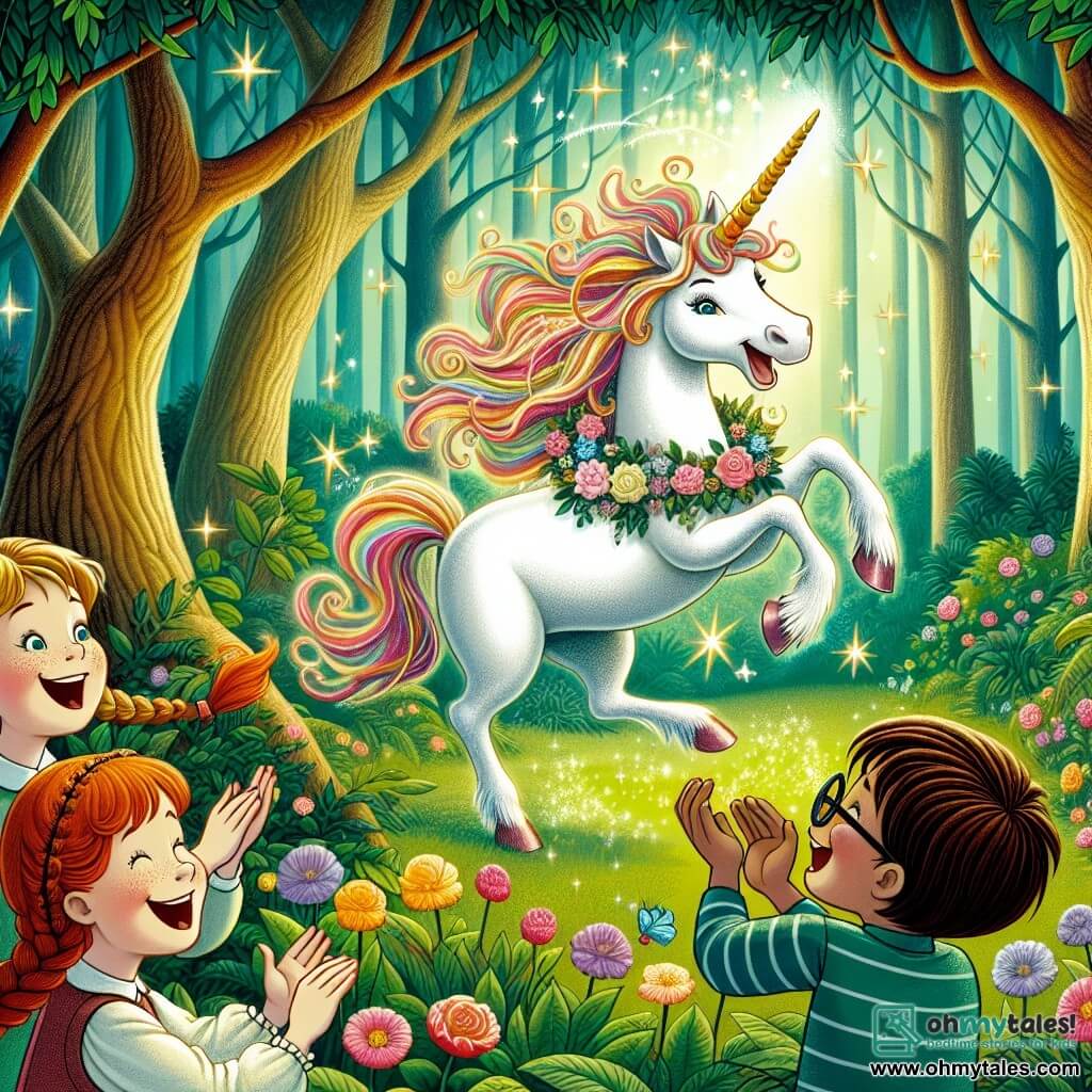 Une illustration sous forme de dessin destinée aux enfants représentant une clairière enchantée dans la forêt de Gigglewood, où une magnifique licorne aux crins scintillants de toutes les couleurs, avec une corne dorée étincelante, danse joyeusement au milieu de fleurs rieuses, tandis qu'un groupe d'enfants, comprenant une fille aux cheveux roux en tresses et un garçon aux lunettes rondes, les yeux écarquillés d'émerveillement, applaudissent et rient, célébrant l'amitié et la magie d'une journée pleine de rires et d'aventures.
