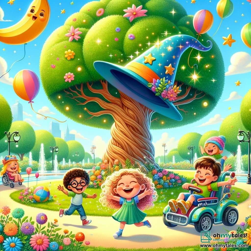 An illustration for children depicting a sunny park filled with colorful flowers and lush green trees. In the center stands a majestic tree with a gnarled trunk, beneath which lies a sparkling magic hat surrounded by small twinkling stars. In this scene, an 8-year-old girl with curly hair and a big smile floats joyfully in the air with the magic hat on her head. Next to her, a 9-year-old boy wearing glasses laughs out loud while imitating a banana voice. Another boy, 10 years old, is in a colorful wheelchair resembling a race car, zooming around enthusiastically. Finally, a 7-year-old girl, wearing a cloud-shaped blue hat, bounces like a ball, bursting with laughter. The main situation shows friends having fun together, surrounded by giant balloons of all colors floating in the sky. A giant plastic chicken with oversized wings stands beside them, inviting them to join a balloon race. Laughter and expressions of joy light up their faces, creating a playful and absurd atmosphere.
