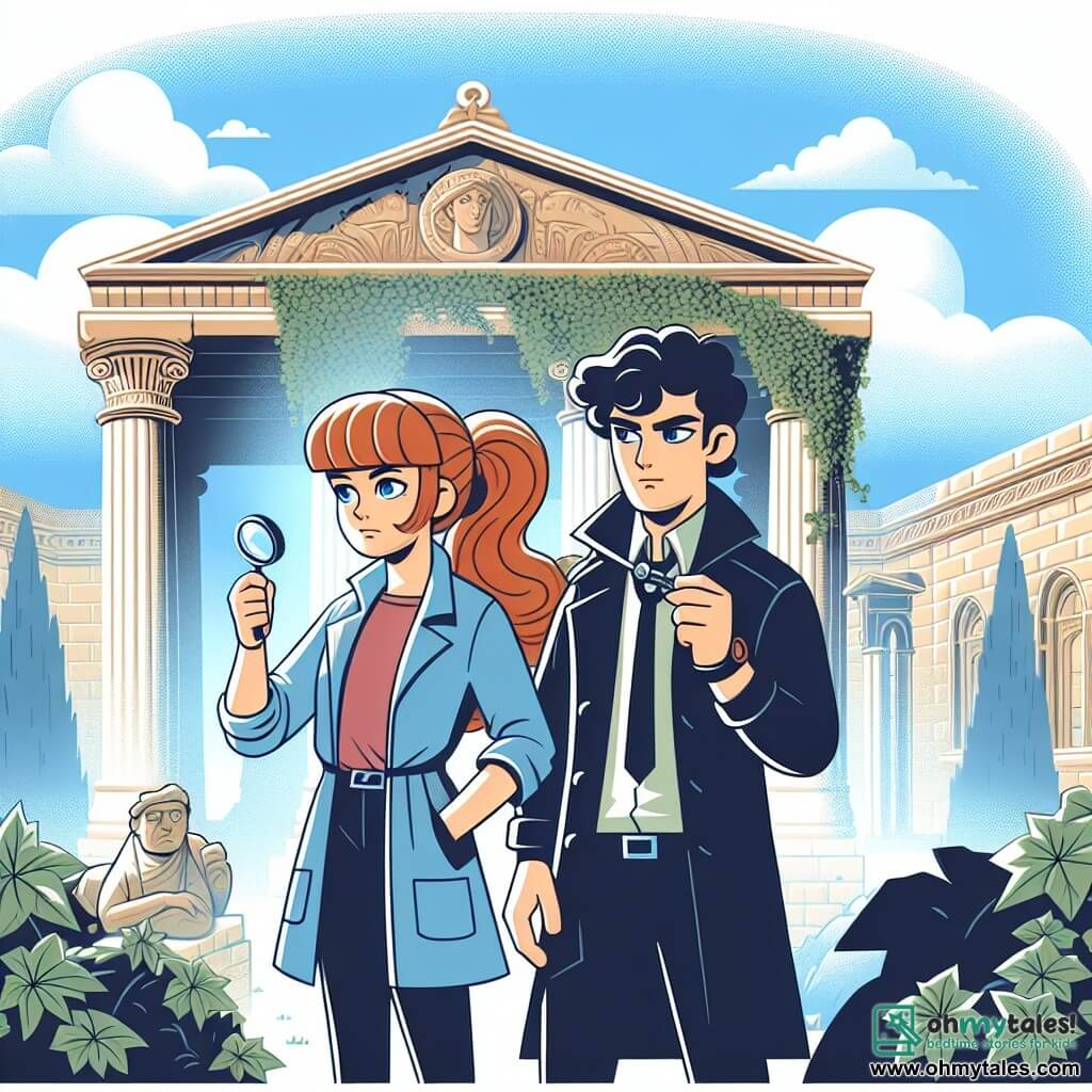 Une illustration destinée aux enfants représentant une jeune détective brillante, accompagnée d'un mystérieux voleur, enquêtant dans un musée ancien aux murs de pierre recouverts de lierre, sous un ciel bleu parsemé de nuages cotonneux.