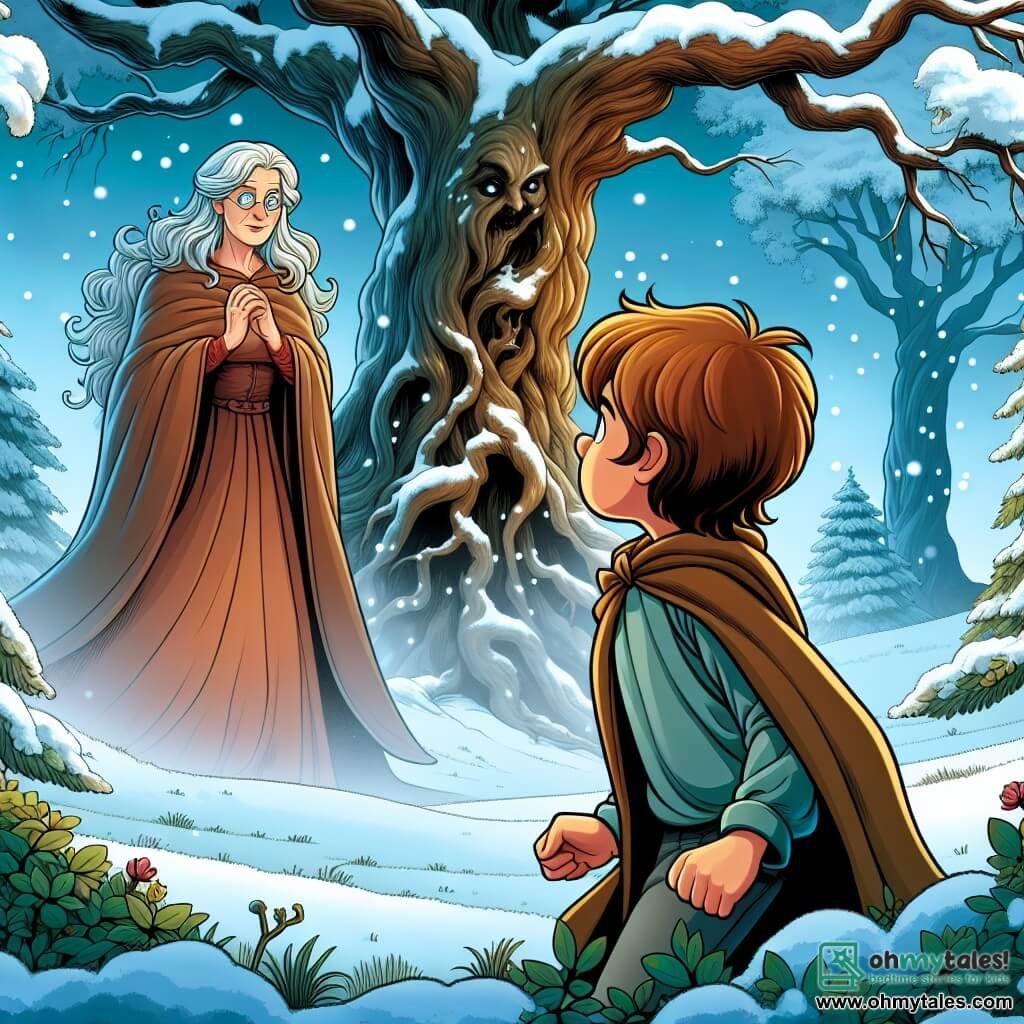 Une illustration destinée aux enfants représentant un garçon curieux se retrouvant face à un mystérieux personnage féminin dans une forêt enchantée recouverte de neige, avec un vieux chêne majestueux au centre de la scène.