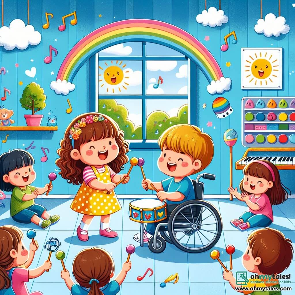 The illustration depicts a colorful and cheerful classroom with sky-blue walls adorned with cloud and rainbow decorations. A large window in the center lets in sunlight, brightening the smiles of the children. Two main characters stand out: an 8-year-old girl with curly brown hair wearing a polka-dotted yellow dress, joyfully shaking a tambourine, and a 9-year-old girl in a wheelchair with long straight hair, wearing a blue t-shirt and pink pants, enthusiastically playing a drum. The scene shows the two friends making music together, surrounded by classmates who applaud and sing. Musical notes float in the air, adding a magical touch to the atmosphere. Colorful instruments like a small piano and maracas are scattered around, and radiant smiles light up the children's faces, creating an ambiance of joy and camaraderie.