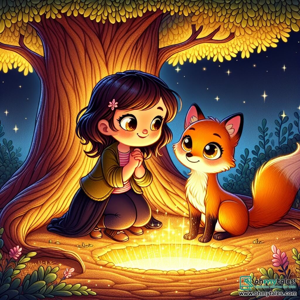 Une illustration sous forme de dessin destinée aux enfants représentant une clairière enchantée baignée de lumière dorée, avec une petite fille aux cheveux noirs comme la nuit et aux yeux pétillants, agenouillée près d'un petit renard orange aux yeux brillants, tandis qu'ils découvrent ensemble un éclat mystérieux sous un vieux chêne, symbolisant leur amitié naissante et l'aventure magique qui les attend dans ce monde fantastique.