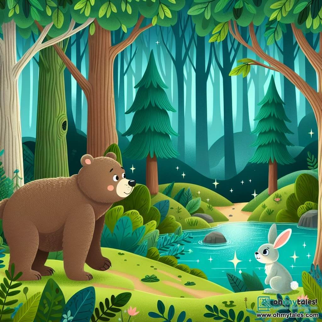 Une illustration destinée aux enfants représentant une ourse douce et solitaire, cherchant un ami dans la mystérieuse Forêt Enchantée, rencontrant un lapin timide, parmi les arbres majestueux aux feuilles émeraude et le lac étincelant comme du cristal.