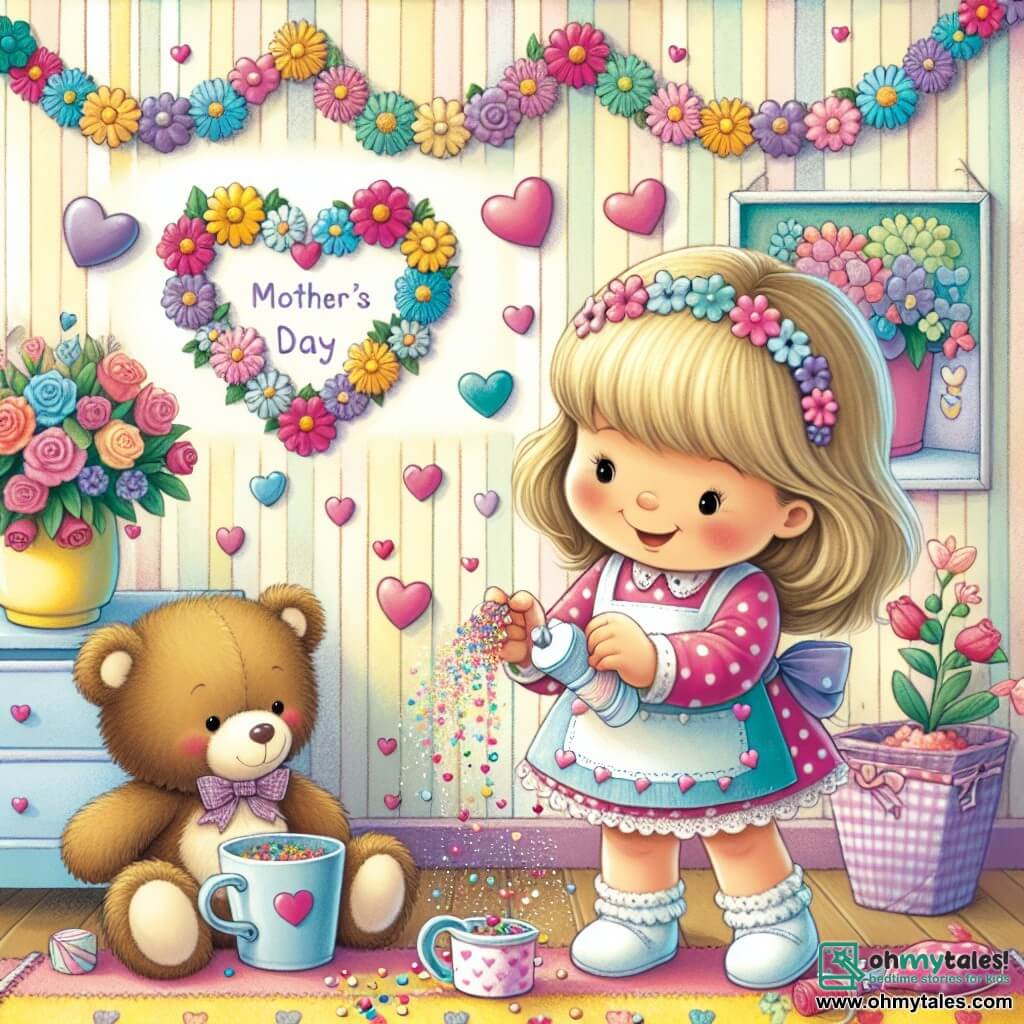 Une illustration destinée aux enfants représentant une petite fille pleine d'enthousiasme préparant une surprise pour sa maman pour la fête des mères, avec son fidèle ours en peluche comme acolyte, dans une maison chaleureuse aux murs ornés de guirlandes de fleurs et de cœurs multicolores.