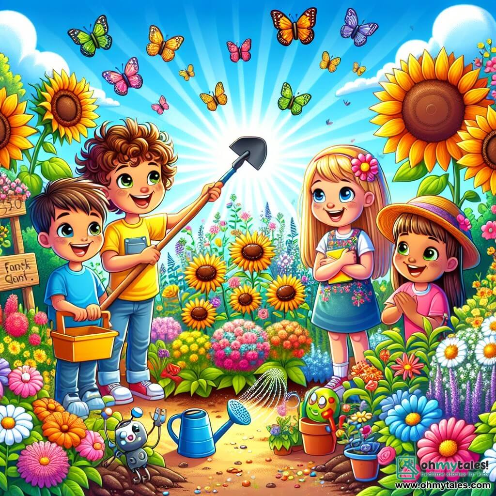 An illustration depicting a vibrant school garden filled with colorful flowers, including giant sunflowers and white daisies. In the center, a group of four children, two boys and two girls, around 10 years old. One boy with curly brown hair, smiling and wearing a yellow t-shirt, holds a plastic shovel, while another boy with spiky hair and a blue t-shirt enthusiastically watches a small robot watering the plants. A girl with long blonde hair, dressed in a floral dress, gazes in wonder at the plants, while another girl with brown hair and a cap takes notes in a notebook. The scene exudes a joyful and collaborative atmosphere, with butterflies fluttering around the flowers and a bright blue sky in the background. Gardening tools, colorful watering cans, and wooden signs indicating the names of the plants add charming details to this illustration.