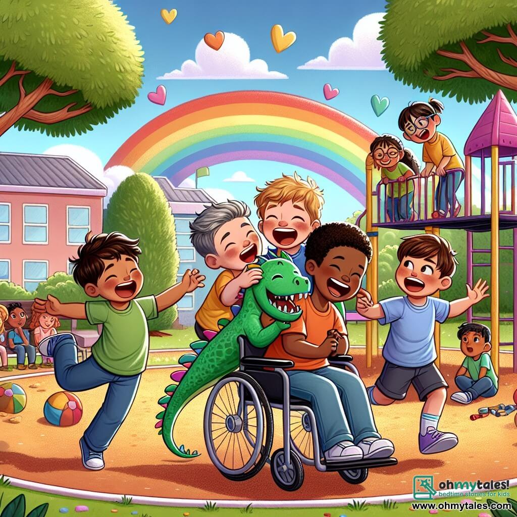 The illustration depicts a vibrant scene in a sunny schoolyard, surrounded by trees with bright green leaves and colorful playground equipment. In the center, a group of four boys around 8 years old, all smiling and full of energy. One of them, a boy with light skin and curly brown hair, is running ahead, playing the role of a dragon in a game, while another boy, with dark skin and short hair, is in a wheelchair, laughing joyfully. The other two boys, one with blonde hair and light skin, and the other with brown hair and slightly tanned skin, are running around them, laughing and having fun. The main scene shows the children playing together, illustrating friendship and inclusion, with colorful speech bubbles expressing positive words like "together" and "friendship." In the background, other children watch them with curiosity, some smiling and others hesitant, highlighting the theme of diversity and acceptance. Graphic elements like rainbows and floating hearts could be added to symbolize love and harmony among children from different backgrounds.