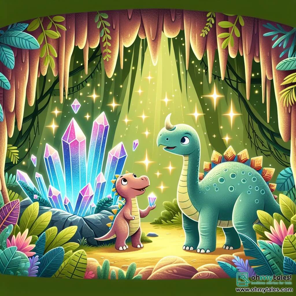 Une illustration destinée aux enfants représentant un jeune diplodocus curieux découvrant un cristal magique dans une grotte enchantée, accompagné d'un vieux tricératops sage, au cœur d'une jungle luxuriante aux couleurs vives et chatoyantes.