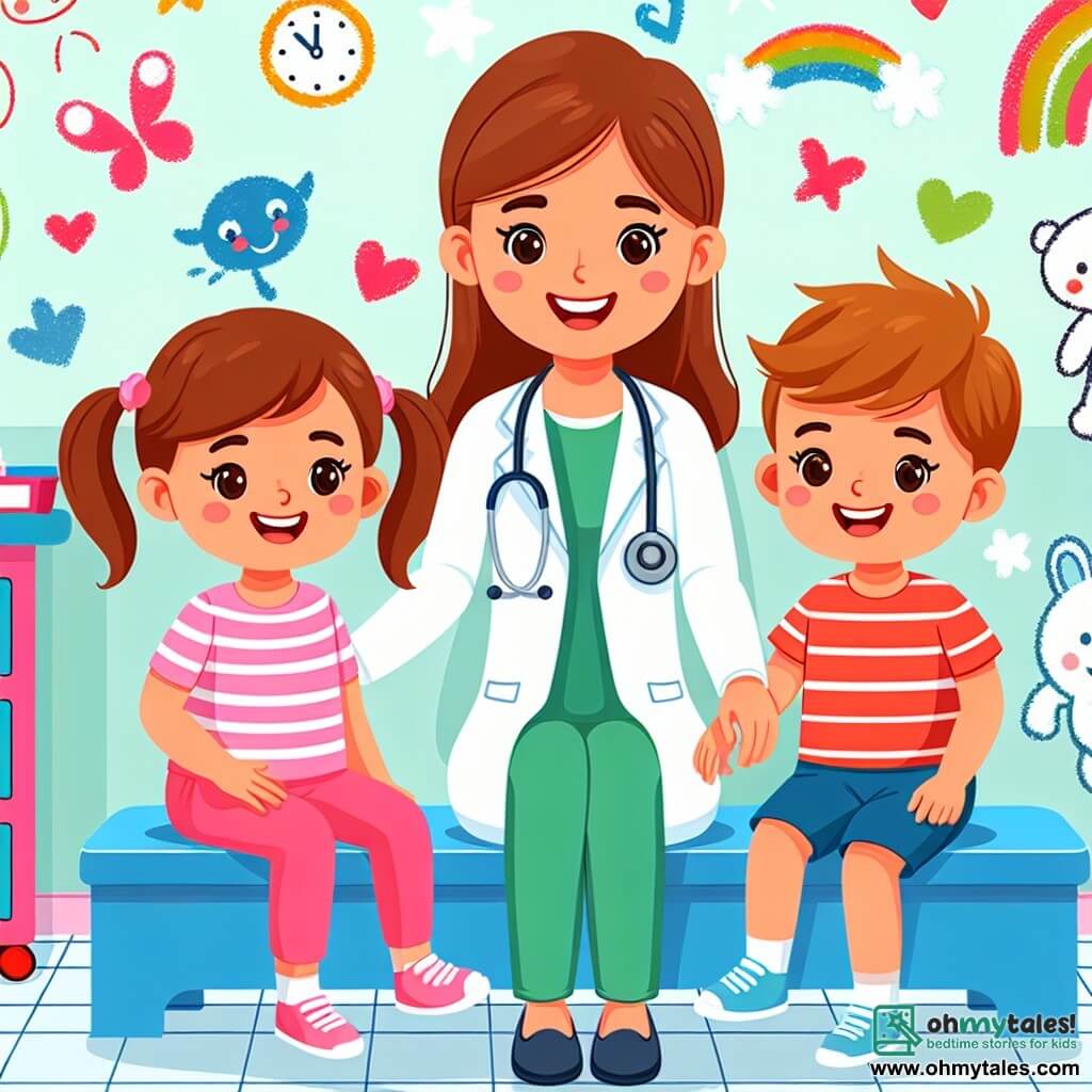 Une illustration destinée aux enfants représentant une femme médecin souriante aidant une petite fille et un petit garçon, dans une clinique colorée et lumineuse remplie de dessins joyeux.