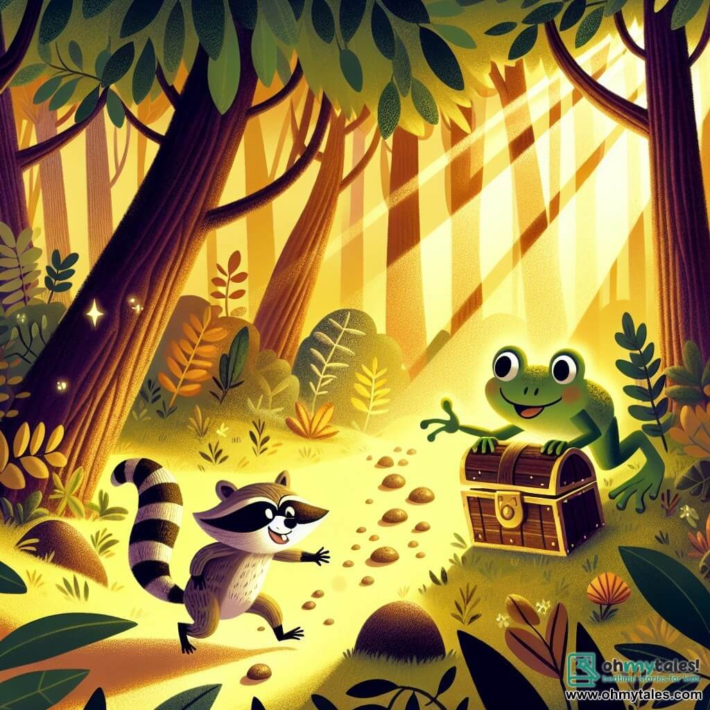Une illustration destinée aux enfants représentant une grenouille espiègle se lançant dans une chasse aux trésors avec un malicieux raton laveur, dans une forêt enchantée baignée de lumière dorée filtrant à travers les feuilles et les ombres dansantes.