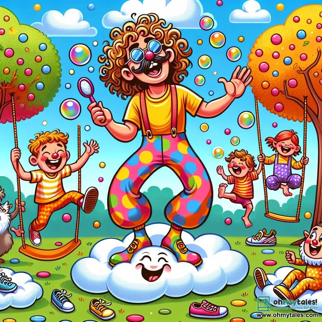 Illustration destinée aux enfants représentant une scène colorée dans le parc de Jollyville, où des arbres aux feuilles multicolores dansent sous un ciel bleu éclatant, et des enfants jouent joyeusement autour d'une aire de jeux en forme de nuage. Au centre, un homme aux cheveux bouclés et à la moustache rieuse, vêtu de pantalons à pois éclatants et d'un t-shirt jaune, éclate de rire tout en lançant des bulles de savon qui flottent dans l'air. À ses côtés, un garçon aux chaussures rebondissantes, avec un sourire malicieux et des lunettes de soleil, effectue des sauts acrobatiques tout en racontant une blague hilarante. Ensemble, ils tentent de faire rire un groupe de vilains, dont l'un, un gobelin avec un visage grincheux, est suspendu à une balançoire, riant aux éclats, tandis qu'un renard distrait cherche des chaussures cachées dans l'herbe. Des éclats de rire et des bulles colorées remplissent l'air, créant une atmosphère joyeuse et ludique.