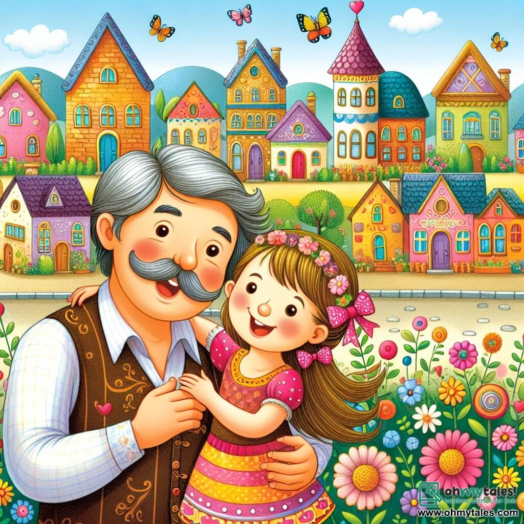 Une illustration destinée aux enfants représentant une fillette pétillante, son papa joyeux, et une petite ville chaleureuse avec des maisons colorées et des fleurs en fleurs, célébrant la fête des pères.