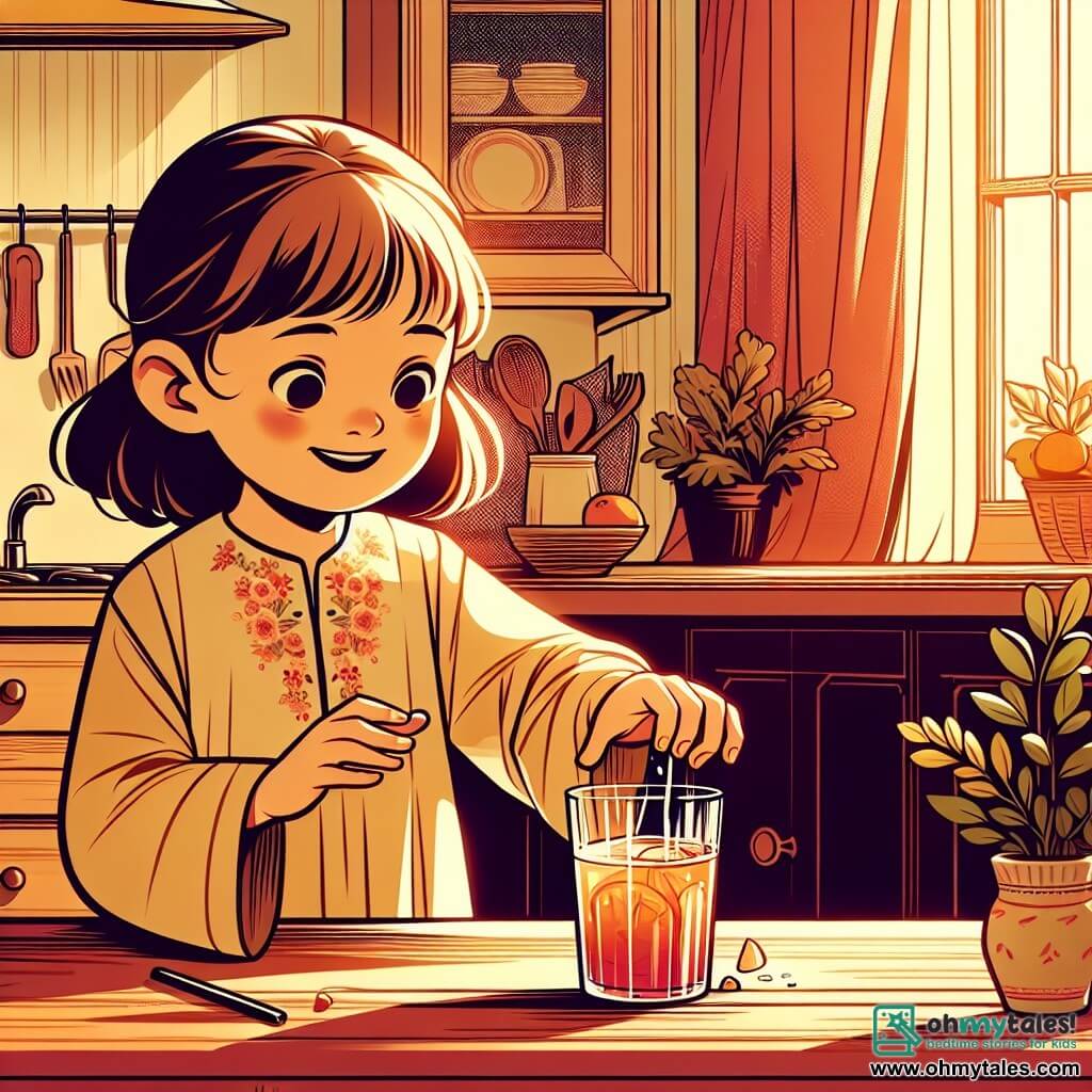 Une illustration destinée aux enfants représentant une petite fille espiègle préparant une surprise pour sa maman en bousculant un verre de jus de fruits sur une table en bois dans une cuisine chaleureuse et ensoleillée.