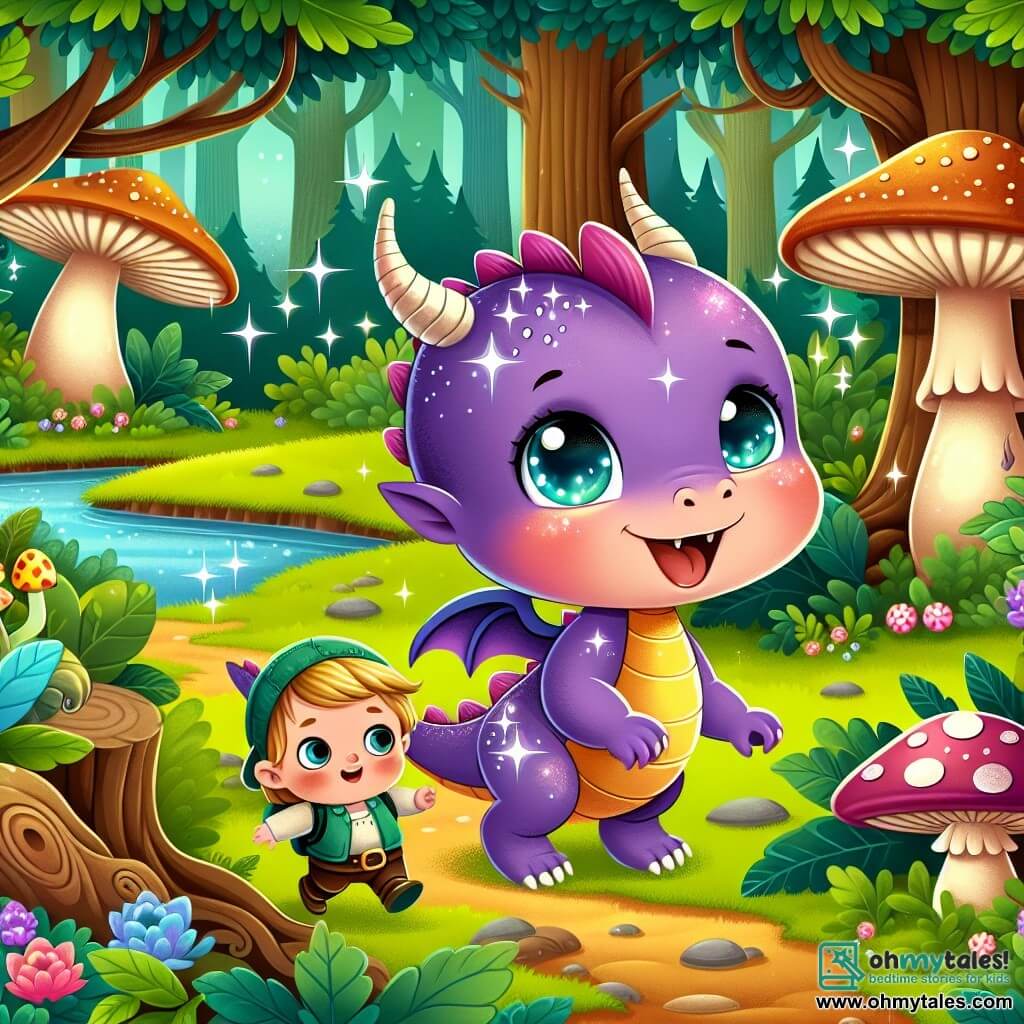 Une illustration destinée aux enfants représentant un dragon bébé étincelant de violet, perdu dans la forêt enchantée, accompagné d'un garçon curieux et d'un farfadet espiègle, dans un décor luxuriant rempli de champignons géants et de rivières scintillantes.