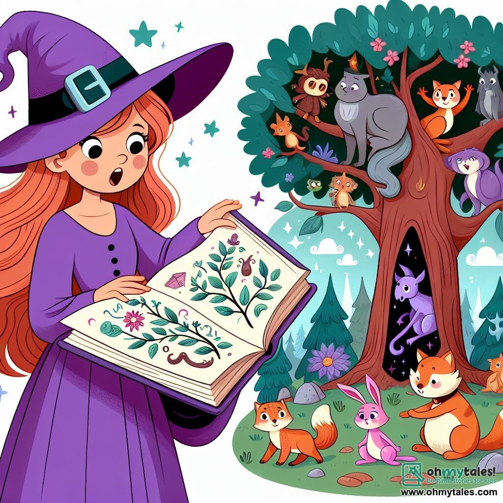 Une illustration destinée aux enfants représentant une sorcière aux longs cheveux roux, vêtue d'une robe violette et d'un chapeau pointu, qui découvre un livre de sorts magiques dans une forêt enchantée remplie d'animaux parlants et d'arbres ensorcelés.