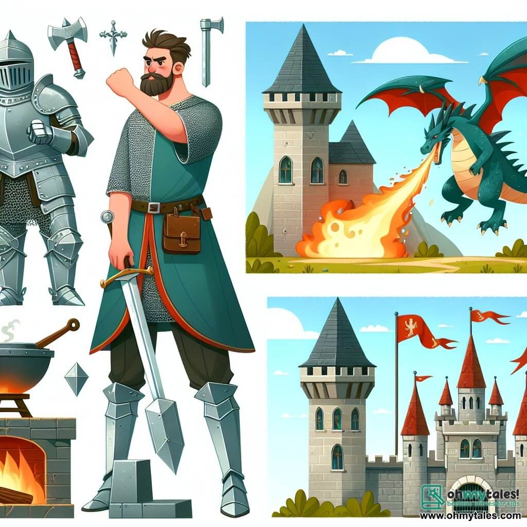 Une illustration destinée aux enfants représentant un valeureux forgeron, un chevalier enchanté, un dragon redoutable et un royaume médiéval enchanté aux tours de pierre et aux drapeaux flottant au vent.